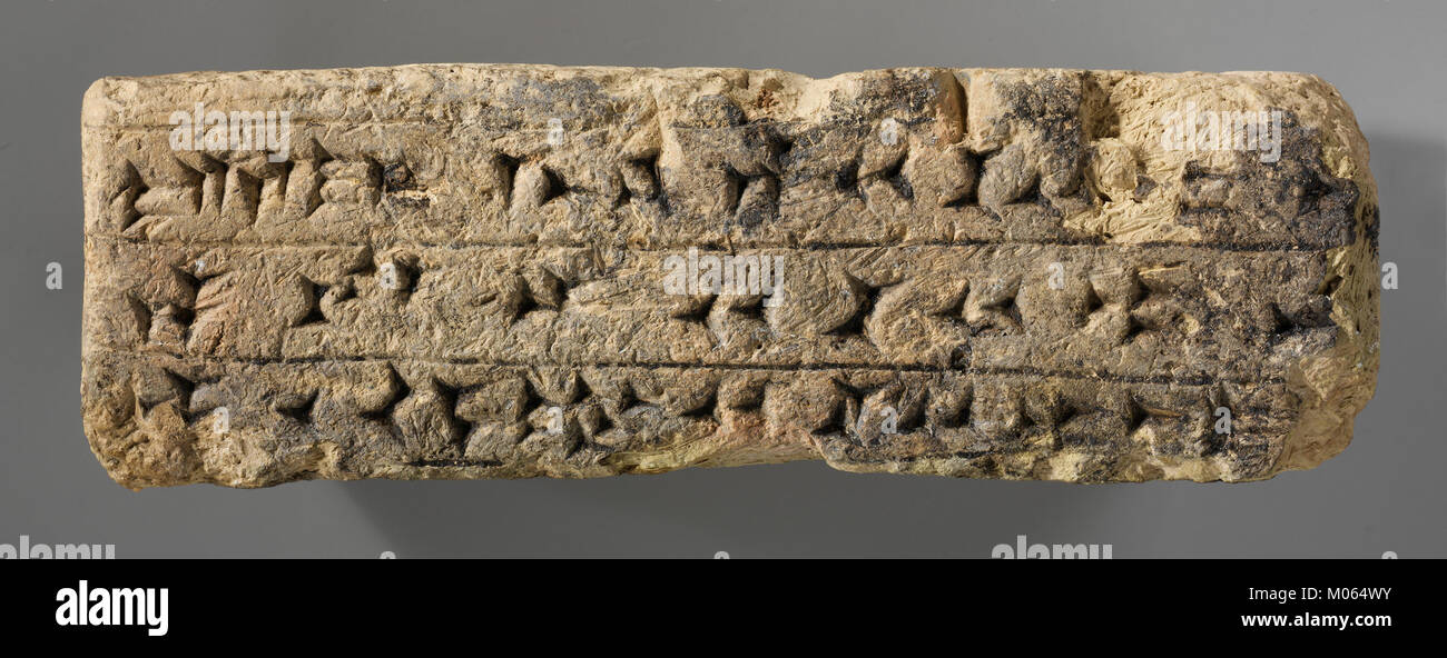 Cette brique avec l'inscription d'Ashurnasirpal II remonte à l'ancien empire assyrien, plus précisément pendant le règne d'Ashurnasirpal II. C'est un artefact historique, présentant les inscriptions assyriennes et les réalisations architecturales. Banque D'Images