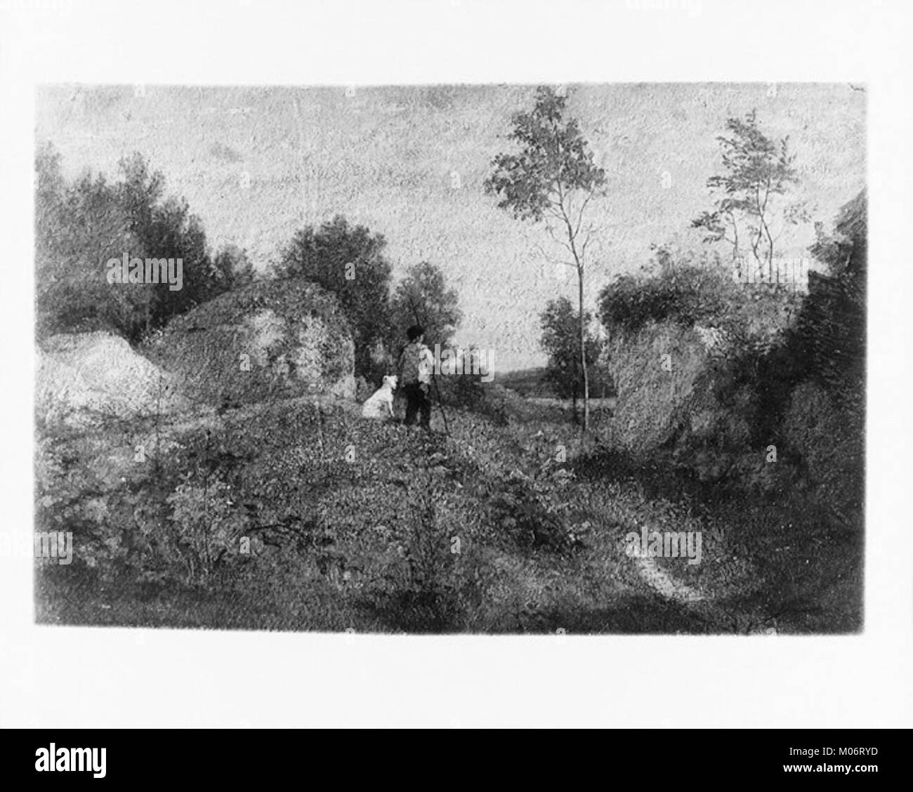 Cette peinture de paysage représente une scène naturelle avec une composition détaillée et une interprétation artistique spécifique à la période, mettant en évidence les caractéristiques environnementales et les éléments scéniques. Banque D'Images