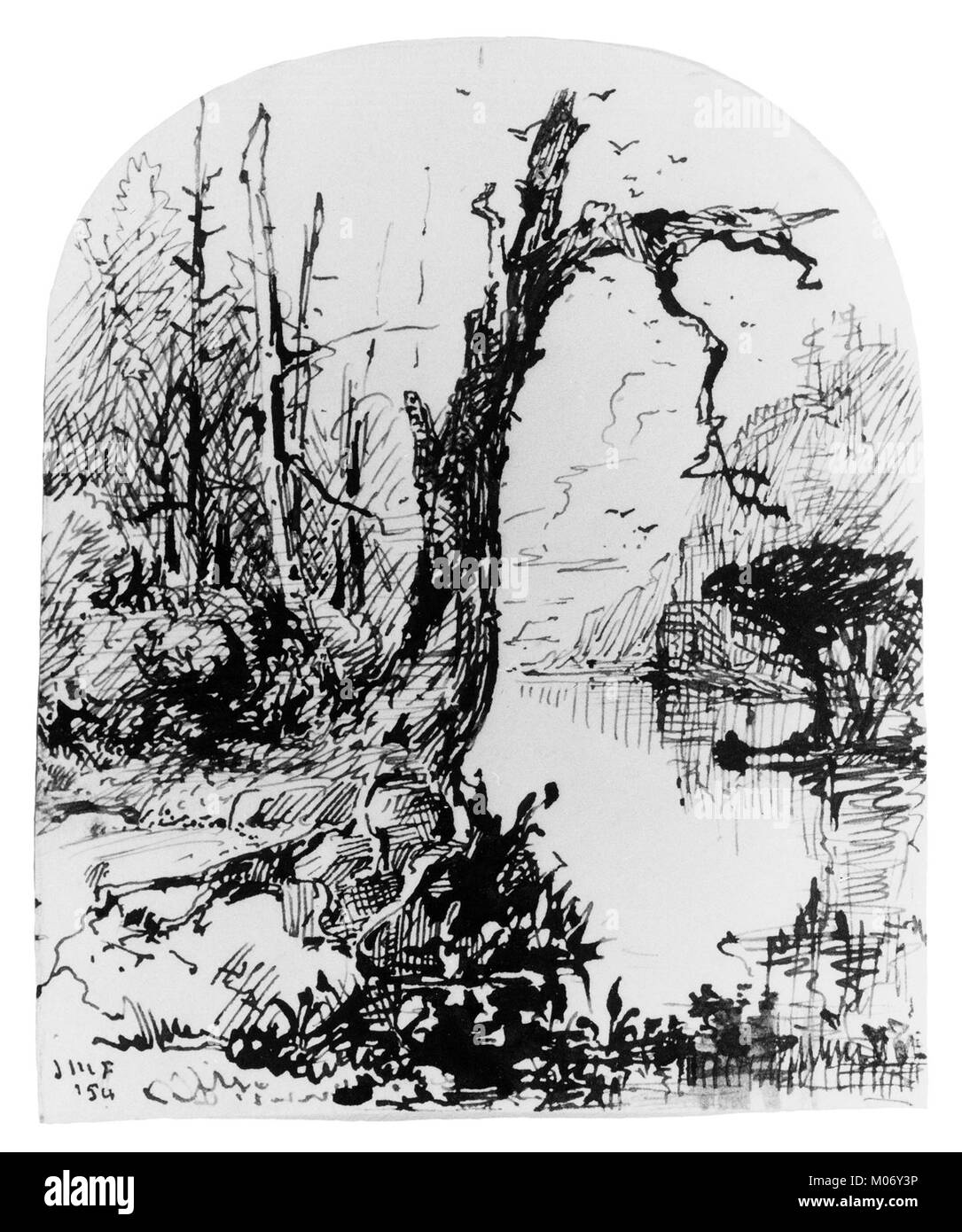 Cette œuvre de l'album Cropsey montre une scène sereine de lac avec des arbres, démontrant l'art paysager américain du XIXe siècle et les détails de composition de l'artiste. Banque D'Images