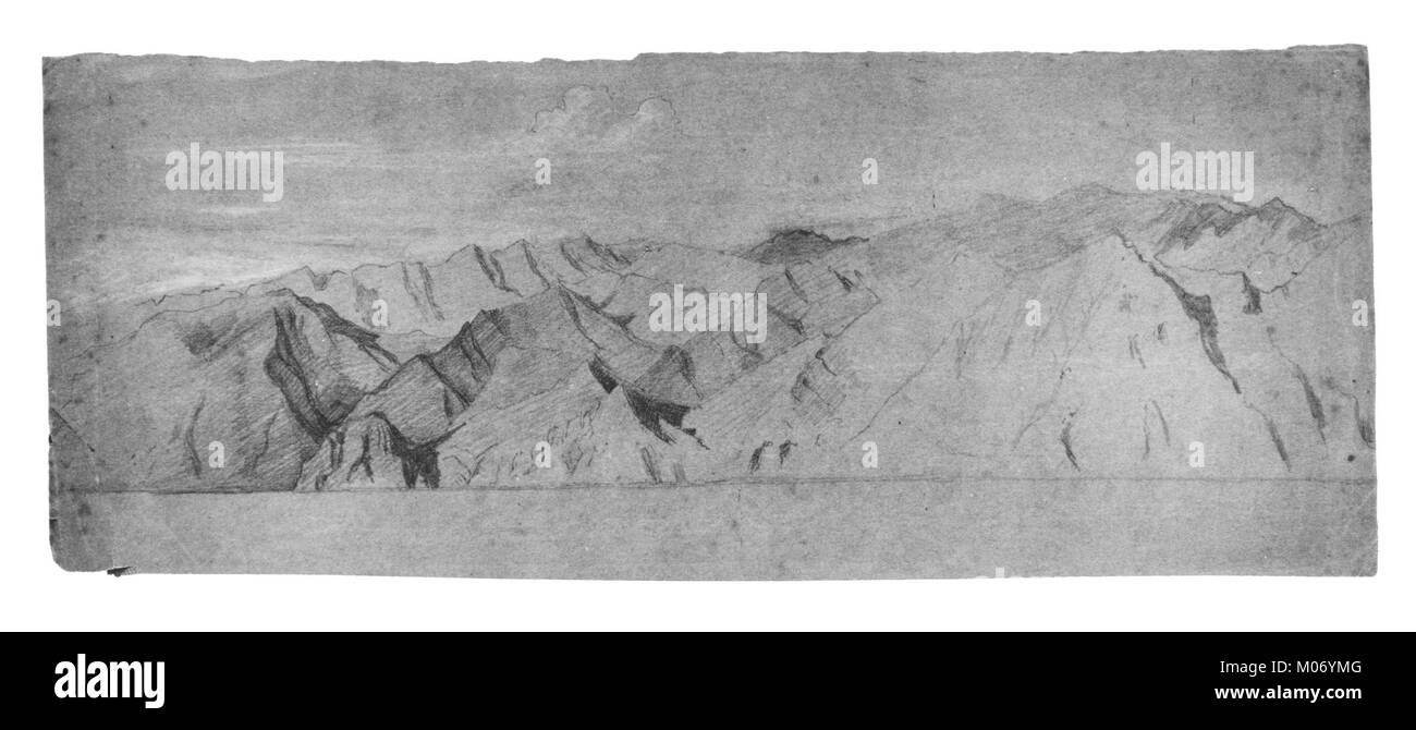 La peinture de paysage représente des montagnes avec une topographie détaillée, mettant en valeur des paysages naturels et l'interprétation de l'environnement par l'artiste. Banque D'Images