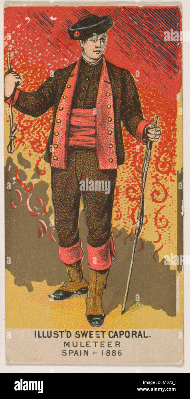 Cette lithographie montre un muleteer espagnol de 1886, faisant partie de la série militaire de Kinney Tobacco Company, illustrant des personnages militaires historiques et des œuvres d'art promotionnelles. Banque D'Images