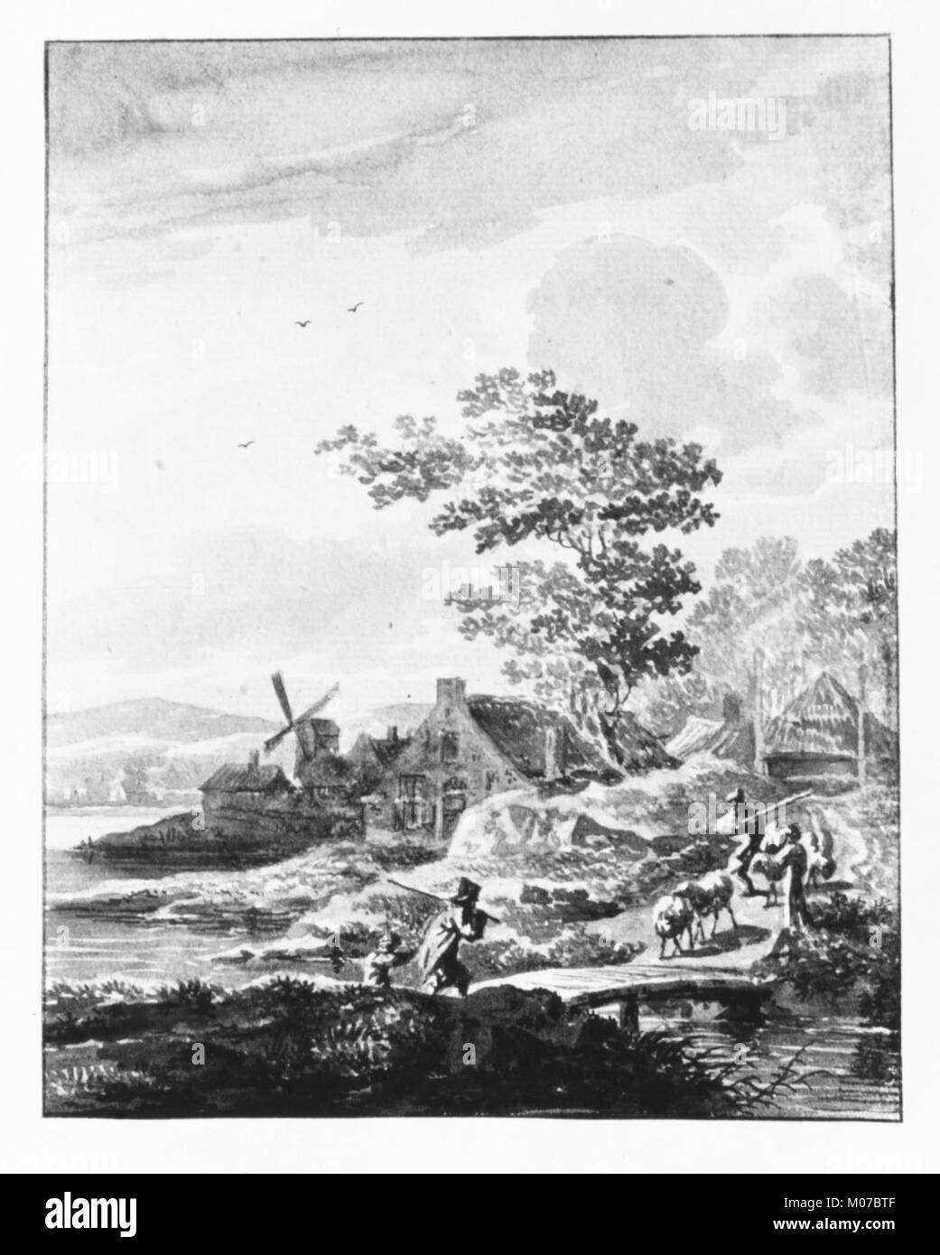 Peinture de paysage rural avec un moulin à vent comme point focal, illustrant les paysages de campagne néerlandais, le design traditionnel et le patrimoine artistique. Banque D'Images