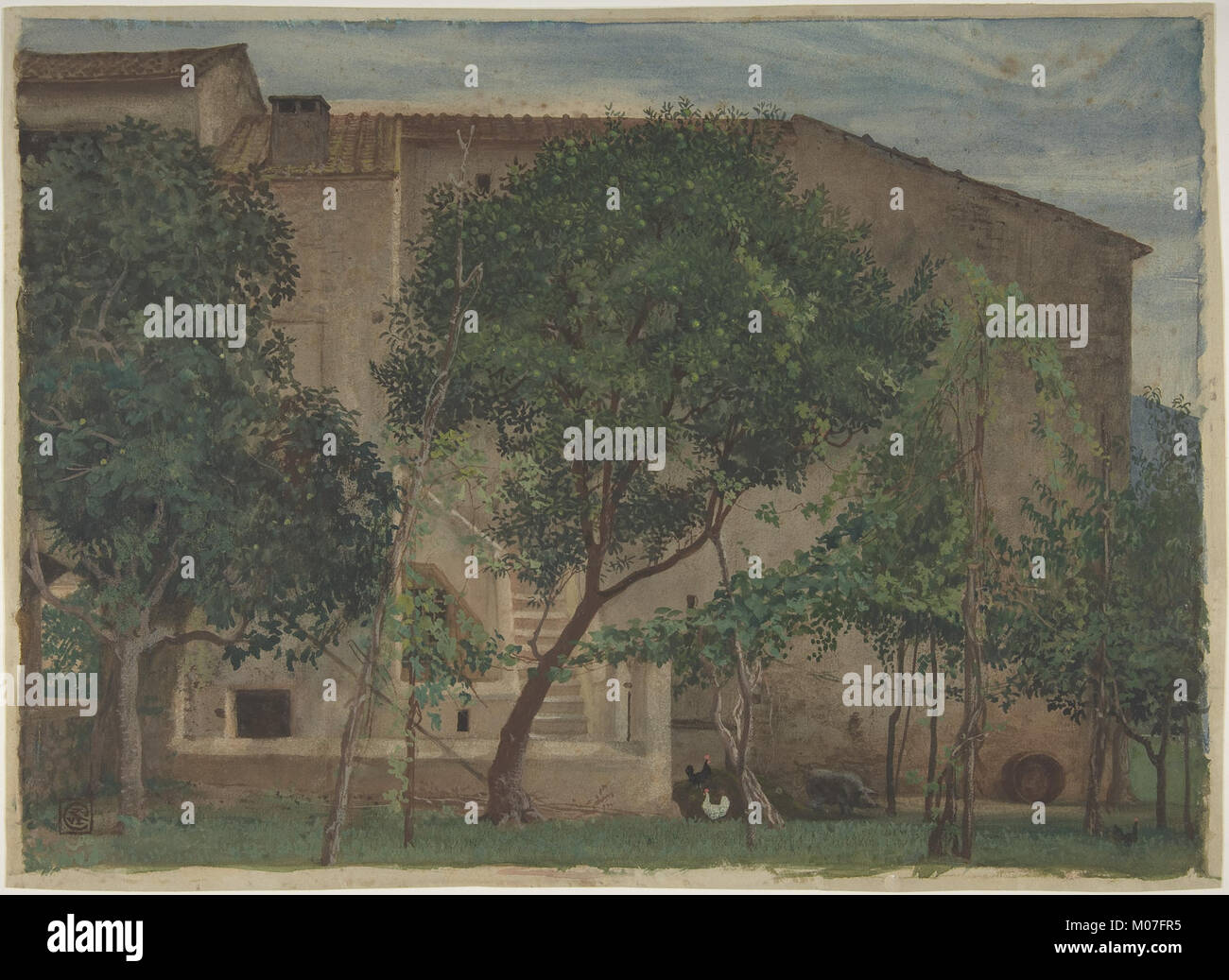 Cette peinture représente une ferme italienne traditionnelle, mettant en valeur l'architecture rurale et le cadre serein typique des régions agricoles de l'Italie. Banque D'Images