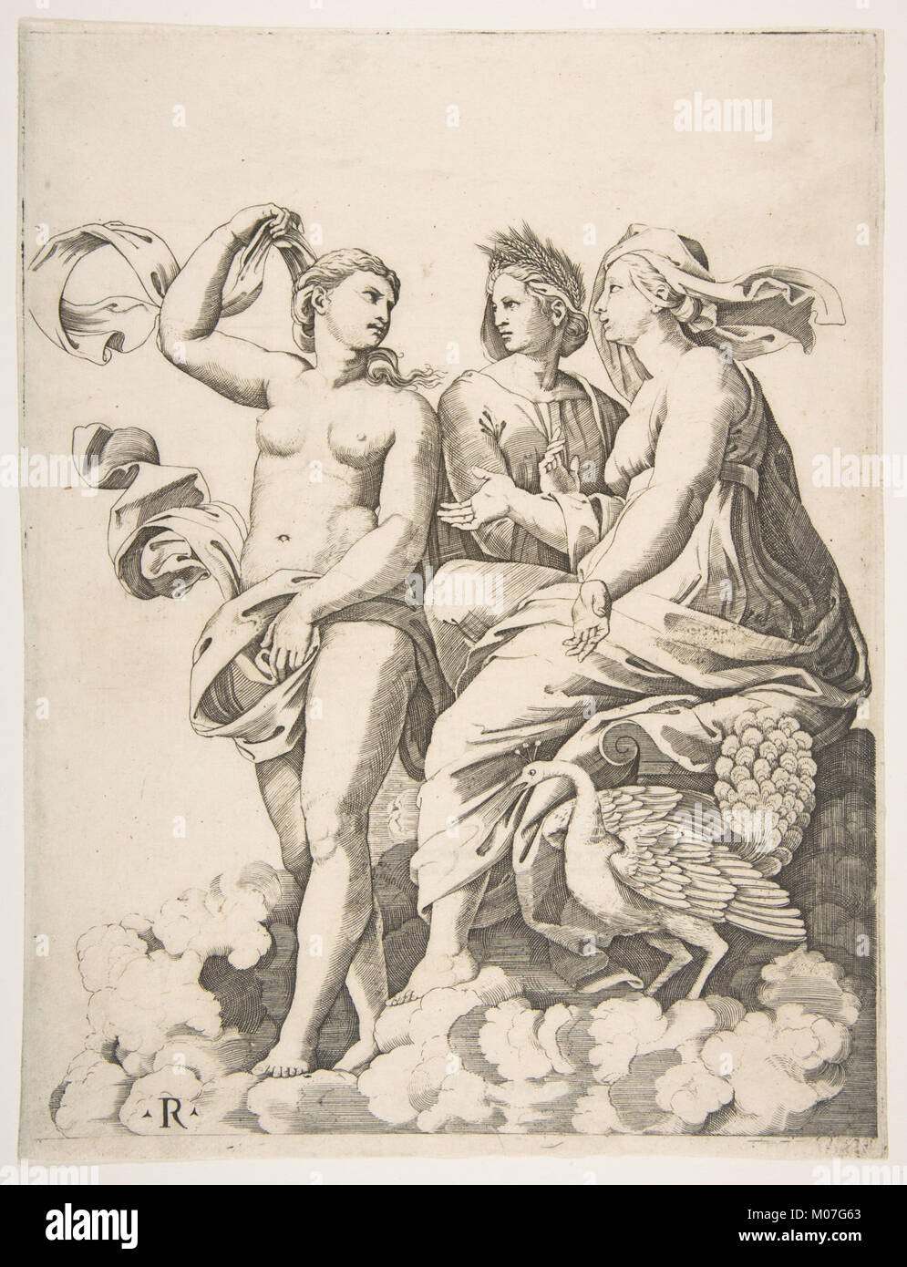 L'œuvre montre Junon, Cérès et Psyché dans les nuages : Junon assis avec un paon, Cérès portant une guirlande de blé, et Psyche tenant un tissu, illustrant des thèmes mythologiques dans le classique élargi Banque D'Images