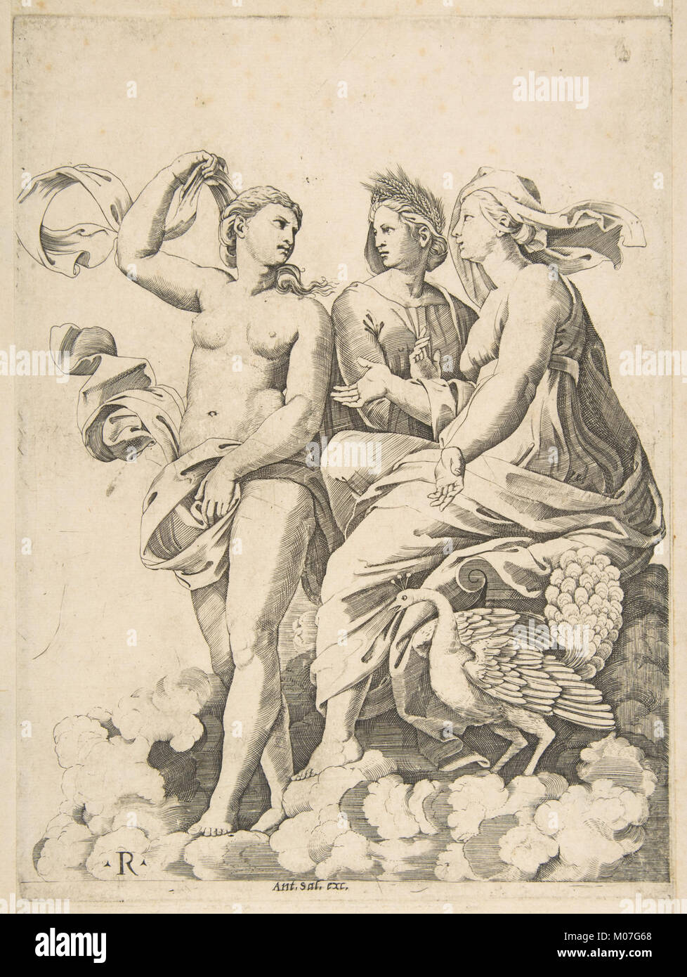 Cette illustration représente Junon, Cérès et Psyché dans les nuages, Junon assis à côté d'un paon, Cérès portant une guirlande de blé, et Psyché tenant un tissu, mettant en évidence la mythologie classique. Banque D'Images