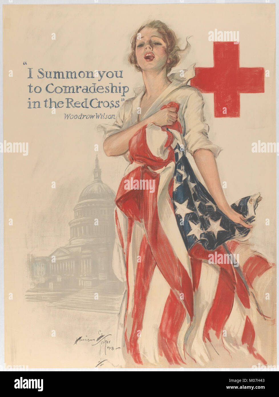 L'affiche de la Croix-Rouge encourage la participation des volontaires, mettant l'accent sur le devoir humanitaire et la solidarité en temps de guerre à travers des images et des designs audacieux. Banque D'Images