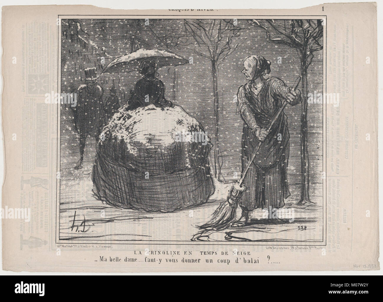 Cette lithographie représente une femme en crinoline lors d'une scène enneigée, reflétant la mode française des années 1850, les thèmes sociaux et les commentaires culturels du milieu du XIXe siècle. Banque D'Images