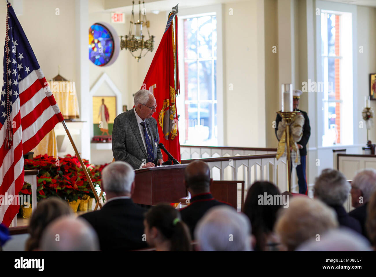 Le Cpl a pris sa retraite du Corps des Marines des États-Unis. Shelby Dawson, fournit un compte rendu de première main de son action au cours de la bataille de Guam le 26 juillet 1944, au cours de son Coeur violet cérémonie le 6 janvier 2018 à l'église Saint-Laurent à Southlake TX. L'original Purple Heart, désigné comme l'Insigne du Mérite militaire, a été créé par George Washington, commandant en chef de l'armée continentale, le 7 août 1782. La Purple Heart est décernée aux membres des Forces armées américaines qui ont été blessés par une arme de guerre dans les mains de l'ennemi. (U.S. Marine Corps Banque D'Images