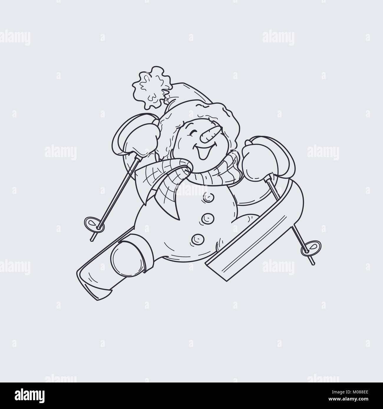 Cute smiling snowman en saut à ski, heureusement vers le ciel Illustration de Vecteur