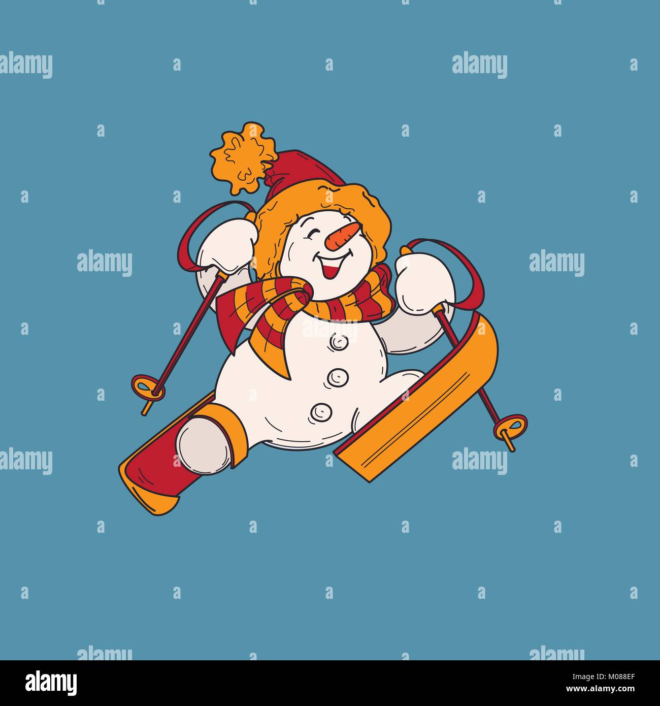 Cute smiling snowman en saut à ski, heureusement vers le ciel Illustration de Vecteur