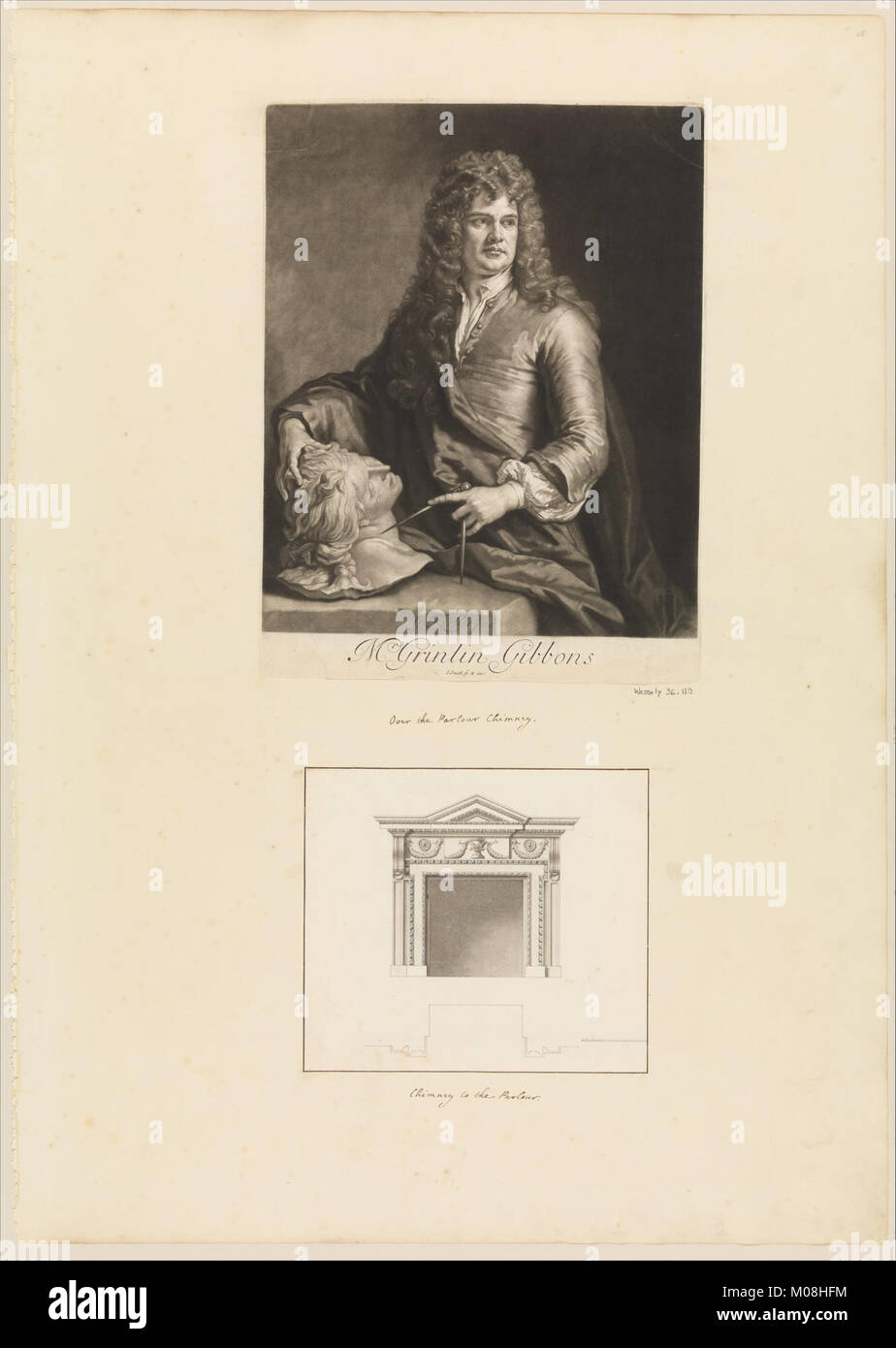 Feuille d'Aedes Walpolianae monté avec un print et un dessin (a)- Portrait de Grinling Gibbons ; (b) au Salon Cheminée, Houghton Hall, Norfolk RENCONTRÉ DP313141 Banque D'Images