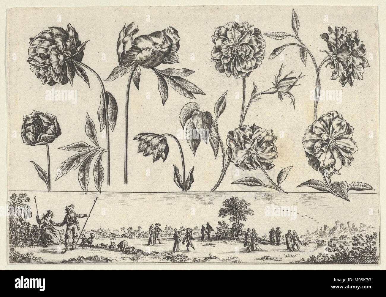 Ce panneau horizontal du Livre Nouveau de fleurs Tres-Util montre une rangée de fleurs au-dessus d'une frise avec des figures dans un paysage, combinant l'imagerie florale et humaine. Banque D'Images