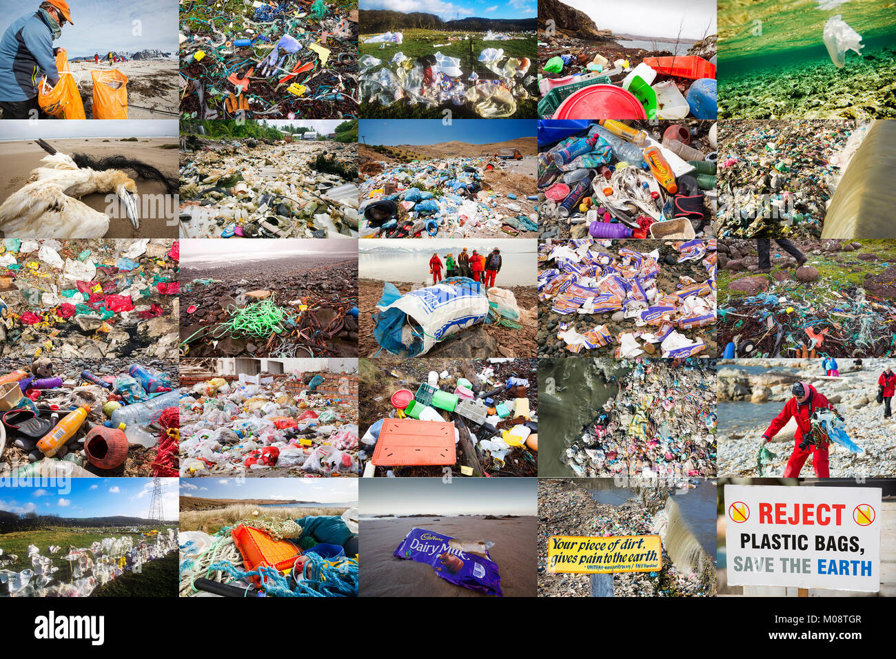 Un montage photographique de la pollution plastique. Banque D'Images