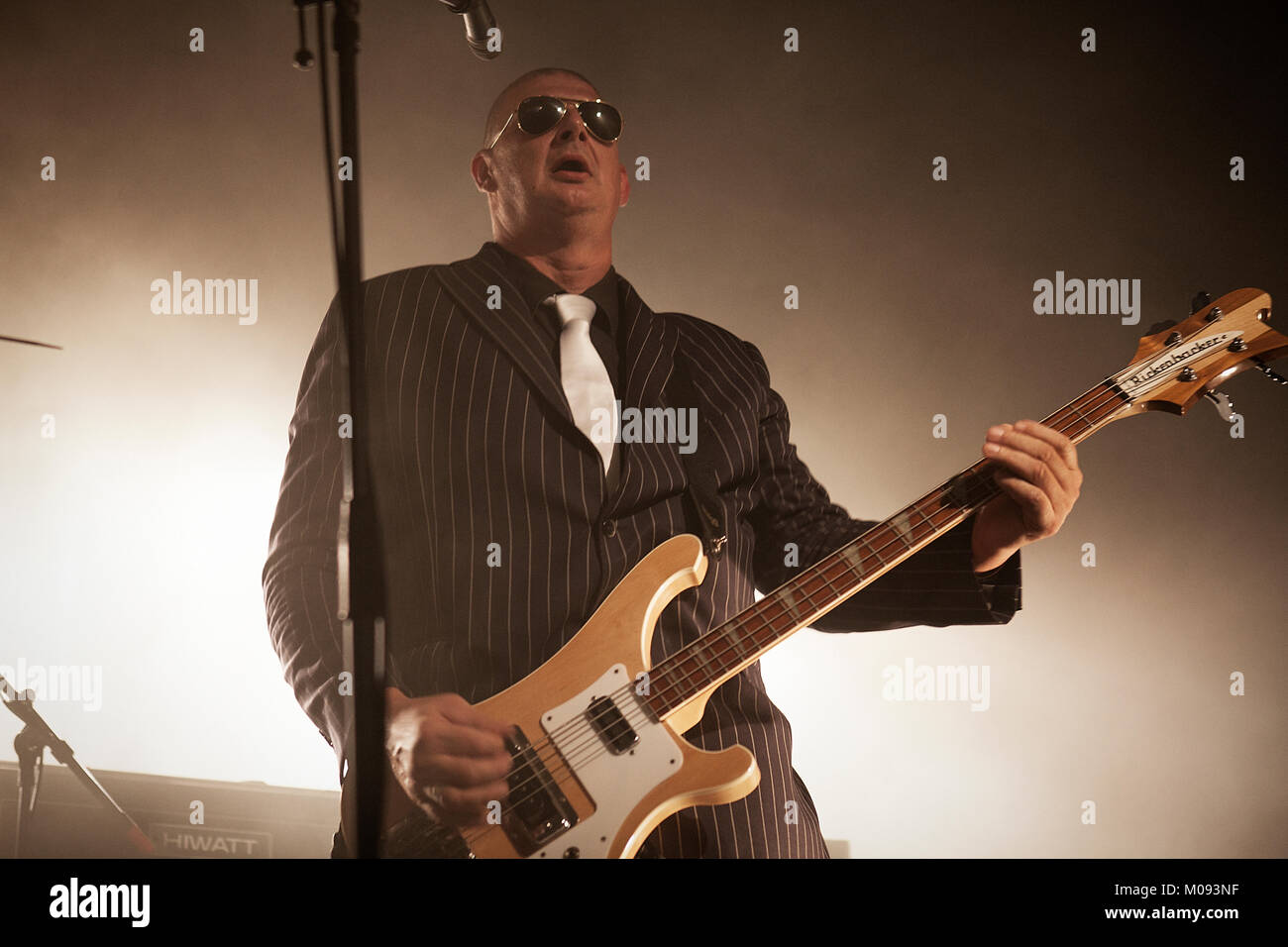 Le groupe de rock belge Triggerfinger effectue un concert live au N-Joy à Reeperbus le Reeperbahn Festival à Hambourg en 2014. Ici le bassiste et musicien Paul Van Bruystegem est représenté sur scène. Allemagne, 19/09 2014. Banque D'Images