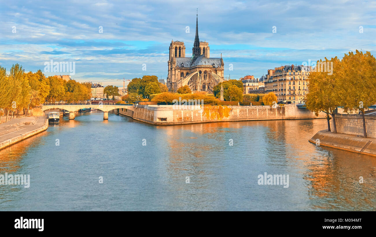 Paris, vertical panorama sur la Seine avec la cathédrale Notre-Dame par un beau jour à l'automne, tonique libre Banque D'Images