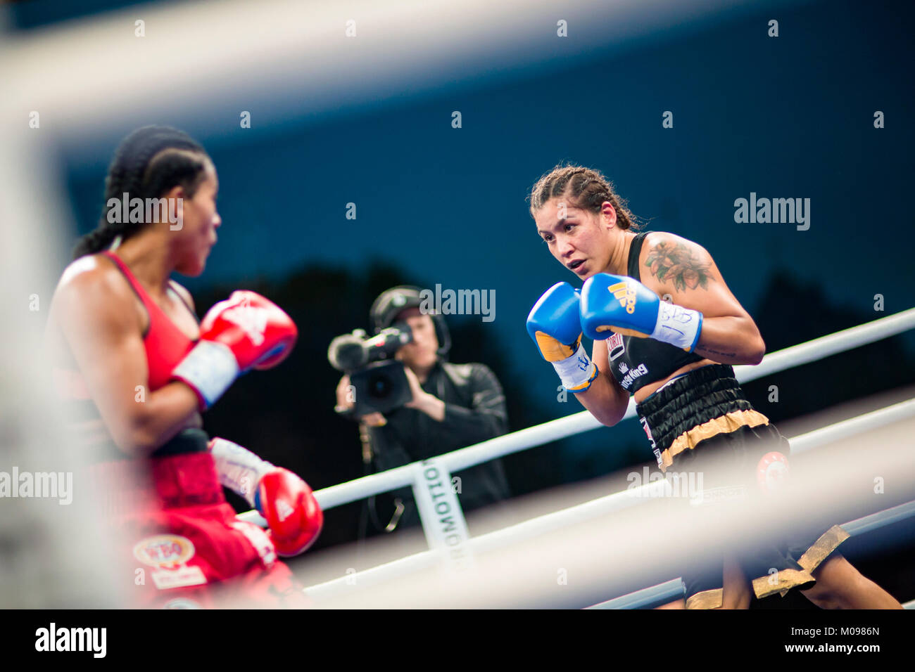 La Norvège, Bergen - 09 juin, 2017. Les boxeurs professionnels norvégienne Cecilia Braekhus (en rouge) et de l'Argentine Erica Farias (en noir) se rencontrent dans la lutte la bataille de Bergen à Bergen. (Photo crédit : Gonzales Photo - Jarle H. MEO). Banque D'Images