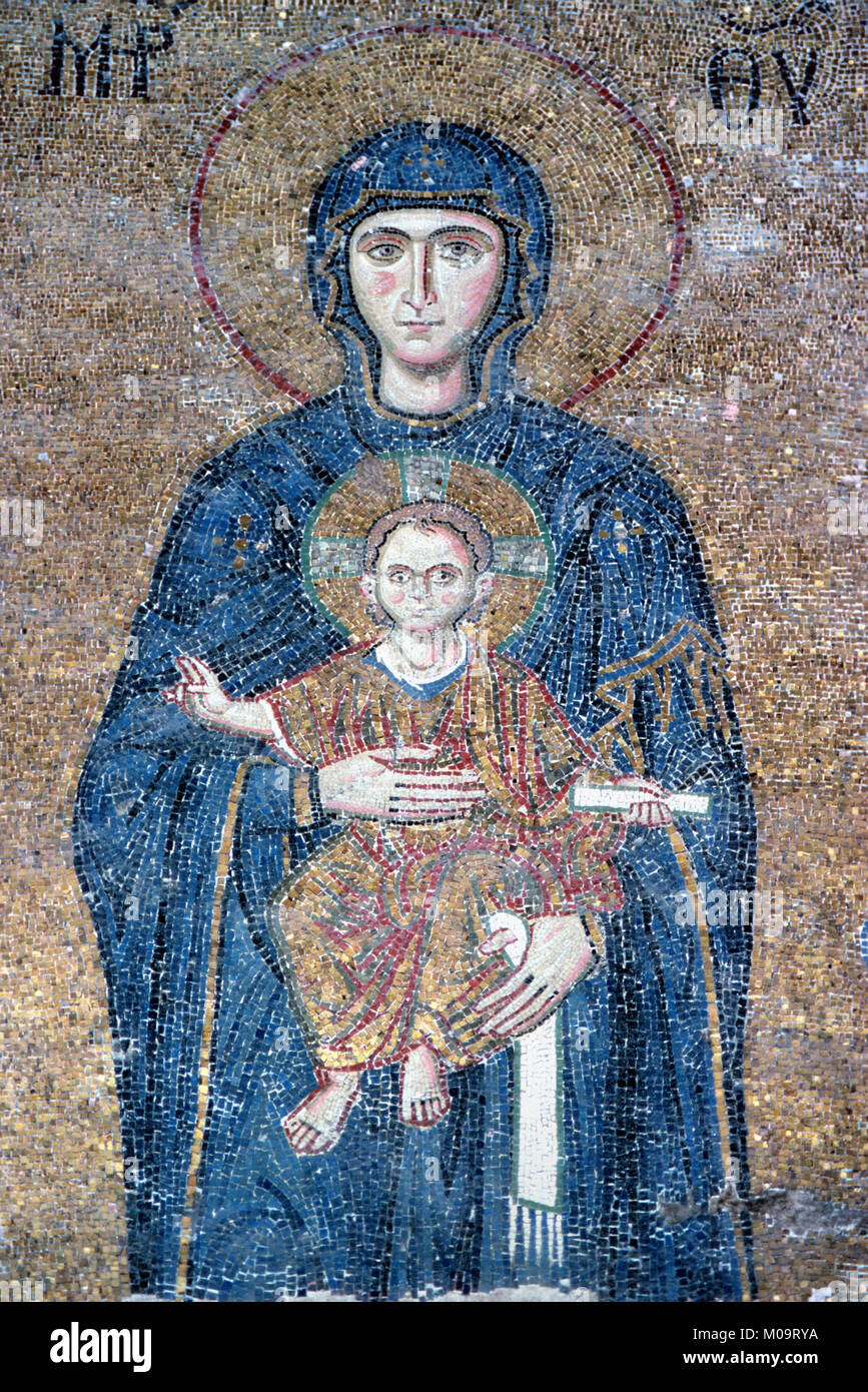 Mosaïque byzantine de la Vierge Marie et Jésus Enfant dans la galerie sud du Musée de l'église Hagia Sophia, Sultanahmet, Istanbul, Turquie Banque D'Images