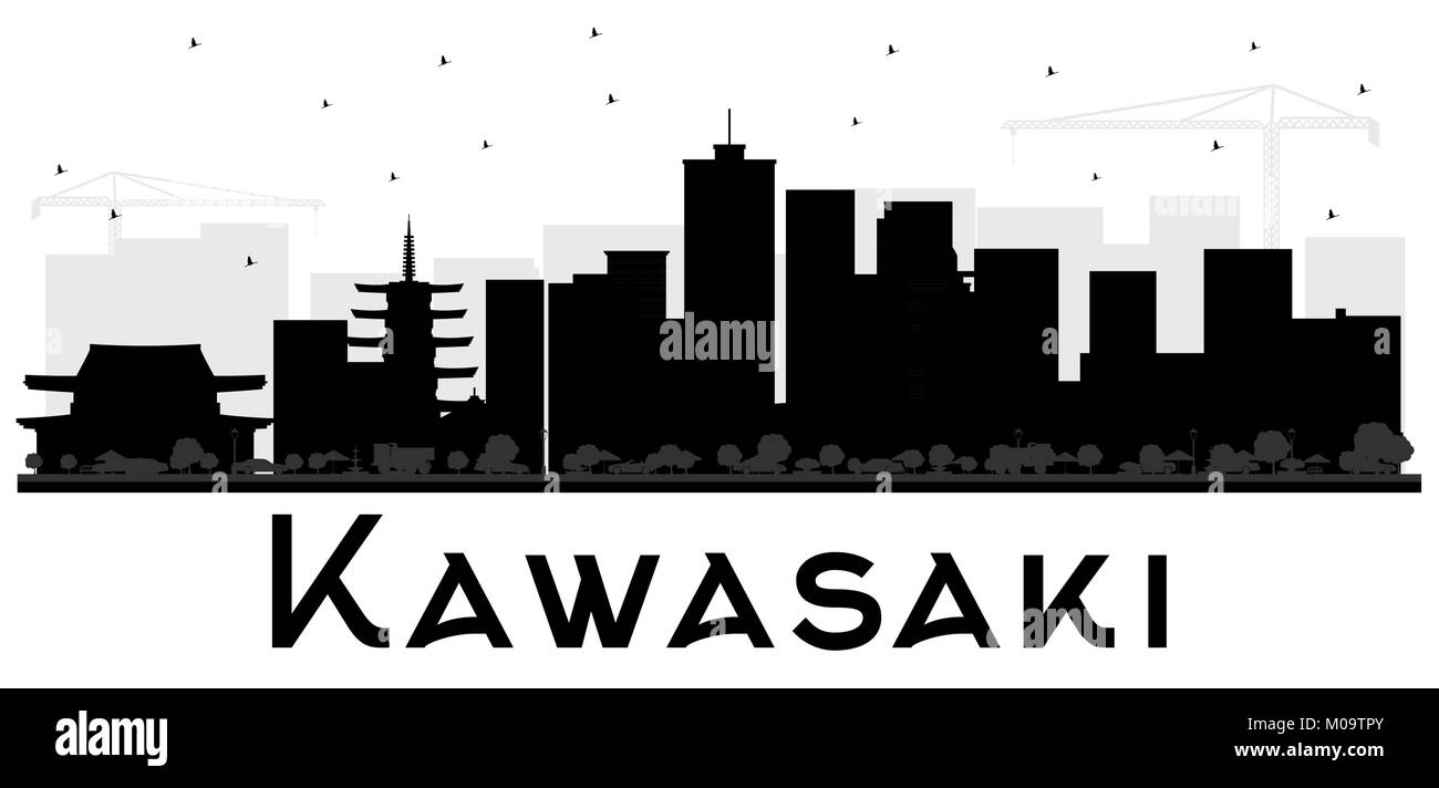 Japon Kawasaki City Skyline Silhouette noir et blanc. Vector Illustration. Illustration de Vecteur