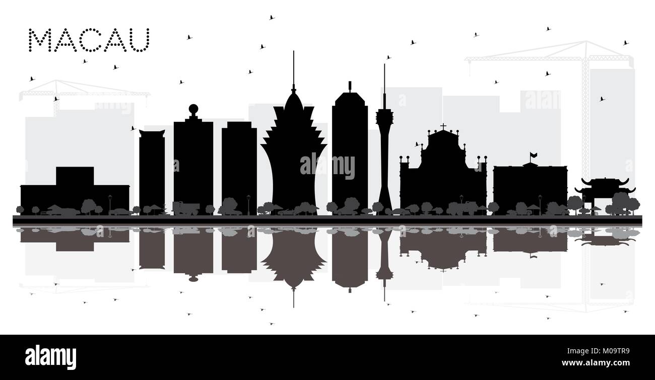 La Chine Macao Ville Silhouette noir et blanc avec des reflets. Vector Illustration. Illustration de Vecteur
