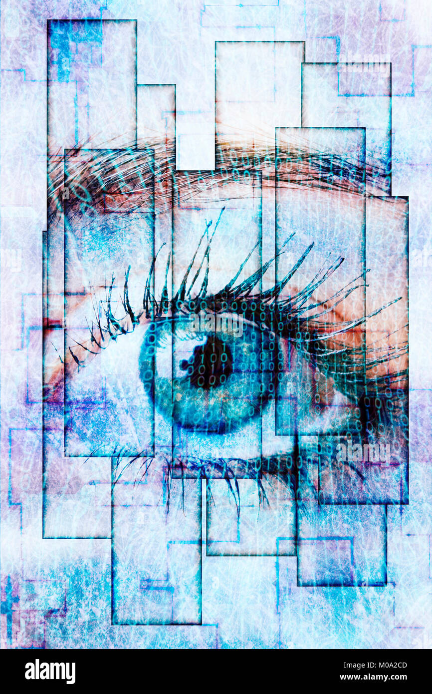 Les yeux des femmes et la reconnaissance de l'identité sécurisée, code concept Banque D'Images