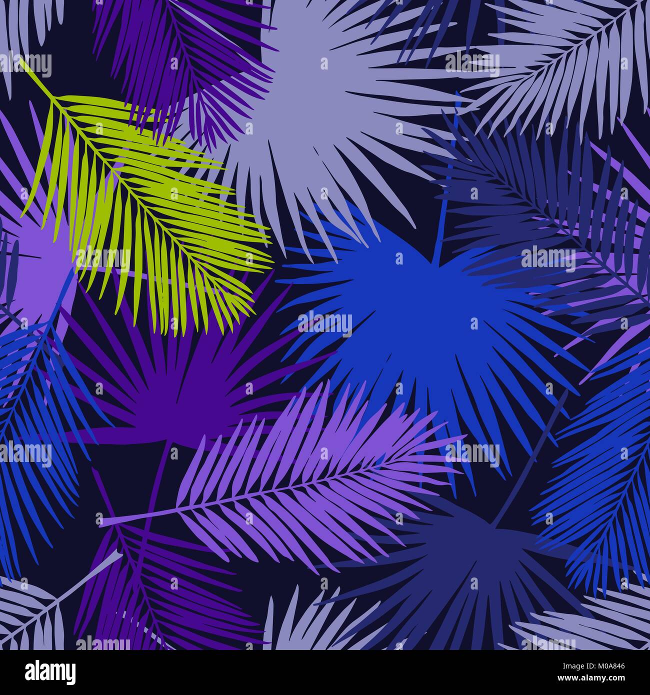 Motif florale avec ventilateur stylisé et soie feuilles de palmier. Le feuillage de la jungle, violet, bleu et vert sur fond marine teintes. Le design textile. Illustration de Vecteur