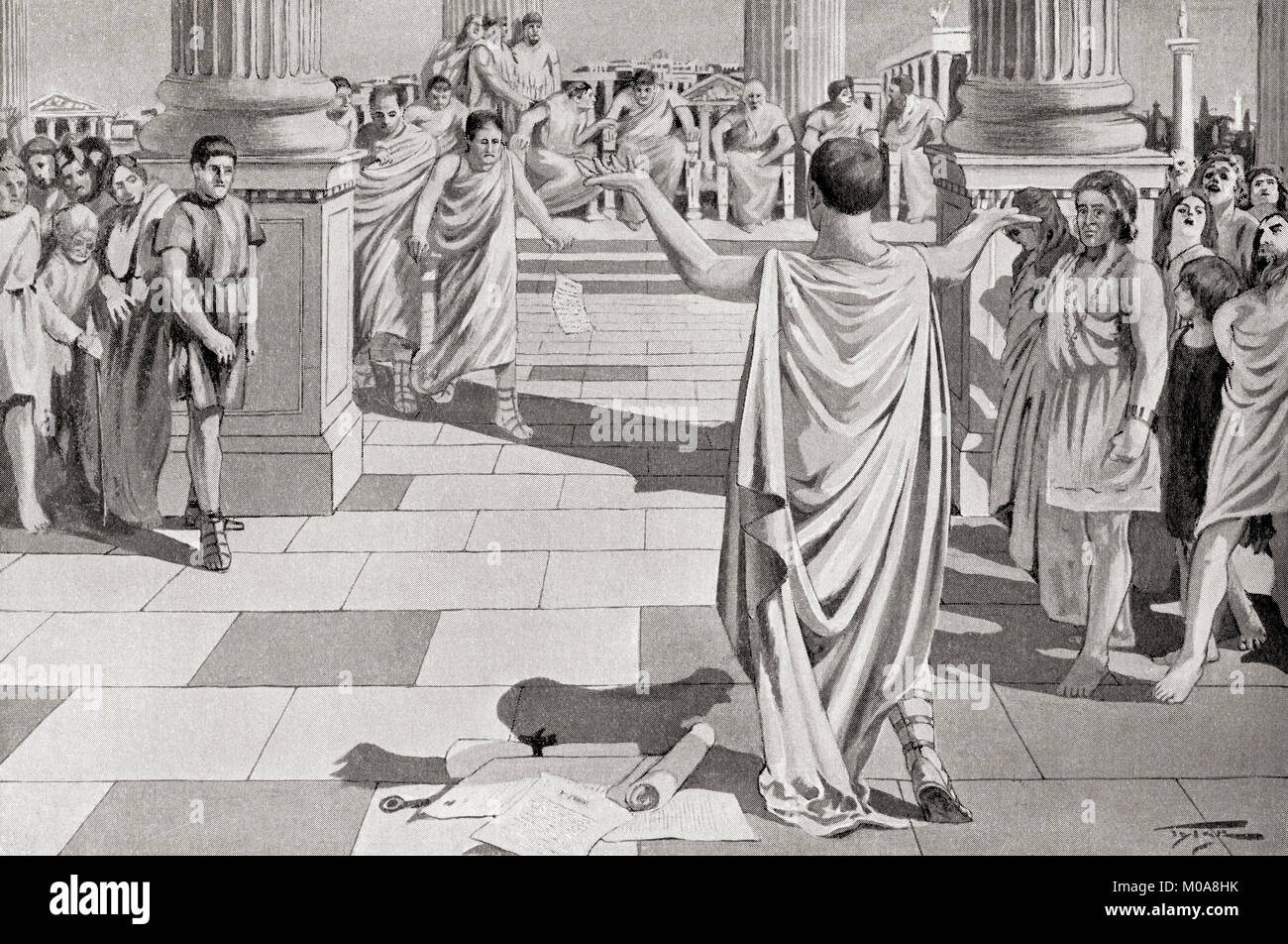 La destitution d'Ayas, envoyé en exil de Cicéron pour sa mauvaise gestion de la Sicile, son extorsion d'agriculteurs locaux et de pillage des temples. Gaius Verrès, c.120 - 43 BC. Magistrat romain. L'histoire de Hutchinson de l'ONU, publié en 1915. Banque D'Images