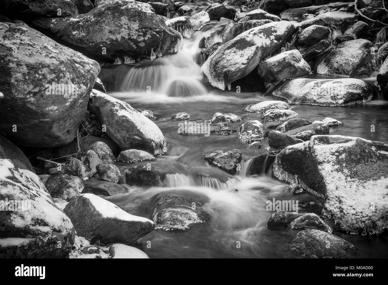 Froide journée d'hiver. L'écoulement de l'eau brouillée avec cascade, rochers dans un ruisseau ou un cours d'eau. Banque D'Images
