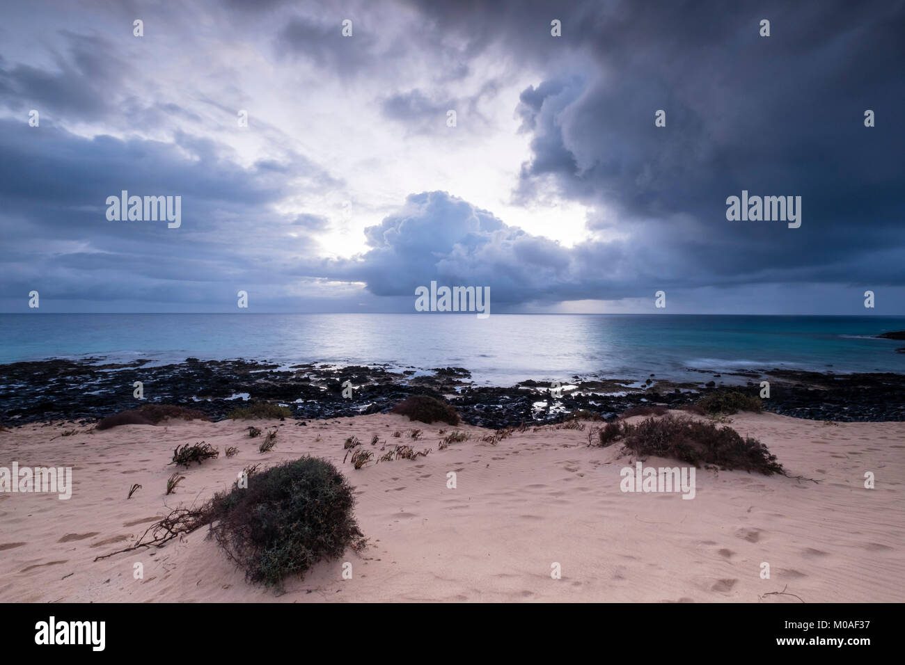 Lever du soleil, la côte, Dunes El Jable, Las Dunas de Corralejo, Parque Natural de Corralejo, Fuerteventura, Îles Canaries, Espagne Banque D'Images