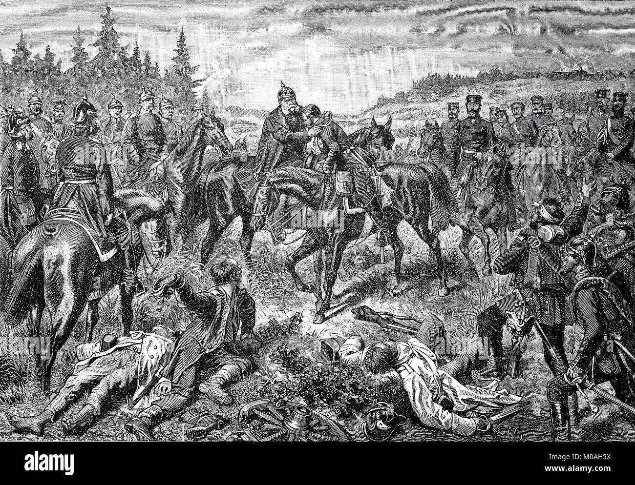 Le Roi William et le Prince Friedrich Wilhelm le soir après la bataille de Koeniggraetz, également connu sous le nom de la bataille de Sadowa, fut la bataille décisive de la guerre austro-prussienne, en Bohême le 3 juillet 1866, l'amélioration de la reproduction numérique d'un original de l'année 1880 Banque D'Images