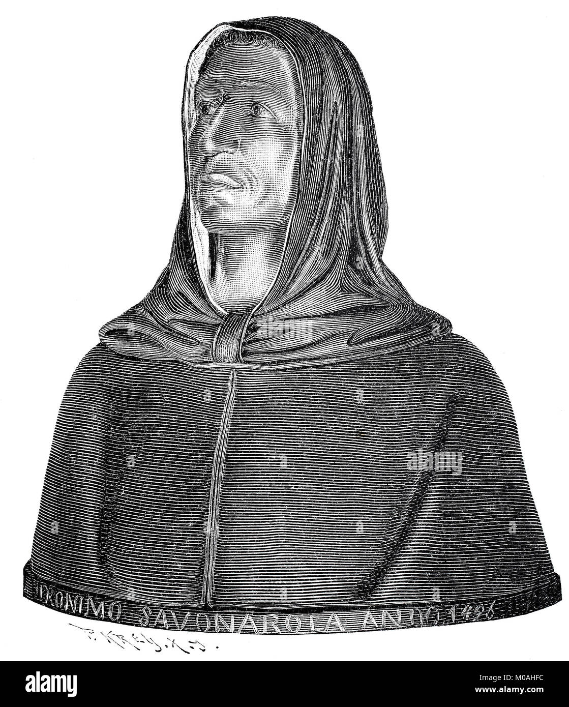 Girolamo Maria Francesco Matteo Savonarola, Septembre 21, 1452 - Mai 23, 1498, est un prédicateur de pénitence et de République Dominicaine et a été exécuté en 1498, le buste est à San Marco à Florence, l'amélioration numérique reproduction d'un original de l'année 1880 Banque D'Images