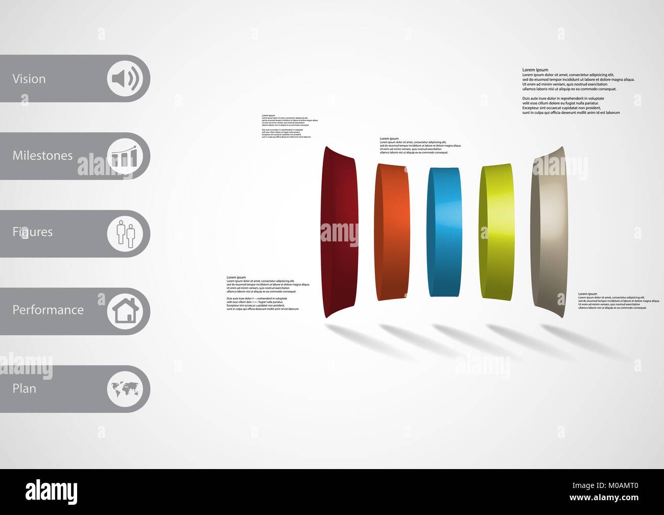 Illustration infographie 3D modèle avec motif des cylindres déformés divisé verticalement à 5 couleurs avec des pièces simple signe et un exemple de texte sur le côté je Illustration de Vecteur