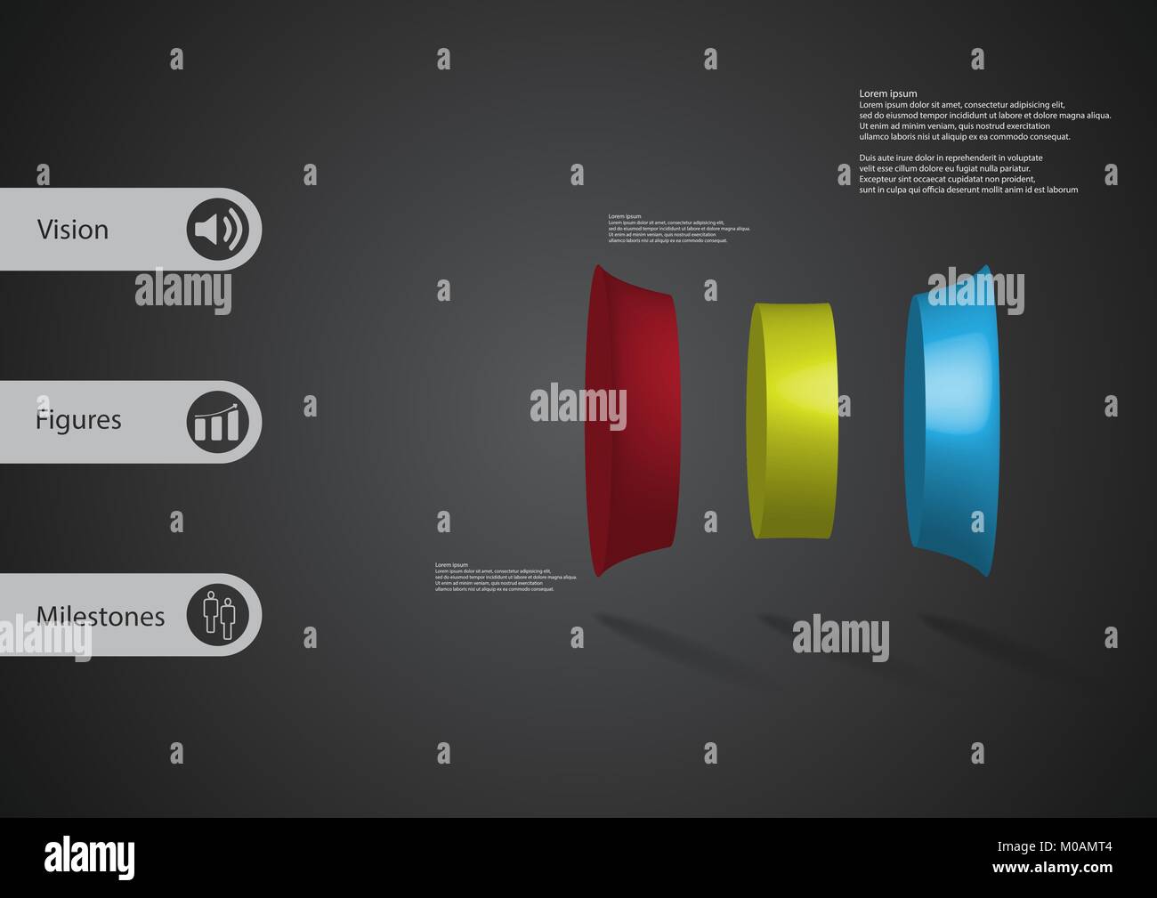 Illustration infographie 3D modèle avec motif de vérin déformée verticalement divisé à trois pièces couleur avec simple signe et un exemple de texte sur le côté Illustration de Vecteur