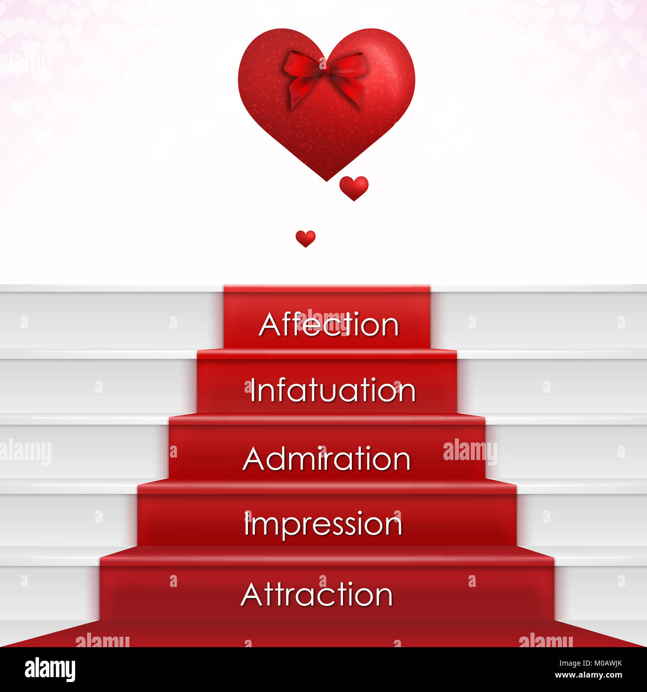 Étapes de tomber en amour avec coeur, escaliers, tapis rouge et escaliers. Carte amour Concept pour la Saint-Valentin et l'amour de célébration. Banque D'Images