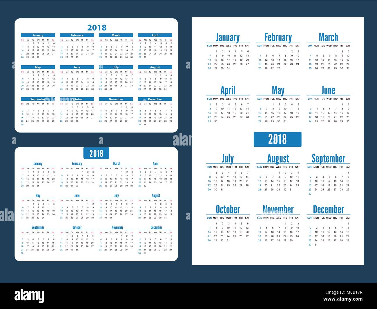 Calendrier de poche simple jeu de ans. De début de la semaine à partir de dimanche. Illustration de Vecteur