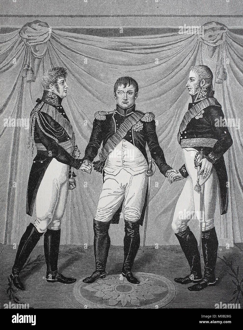 L'Alliance de la paix de l'empereur Alexandre I, Napoléon I et le roi  Friedrich Wilhelm III. le 27 juin 1807, l'amélioration numérique  reproduction d'une estampe originale de 1880 Photo Stock - Alamy