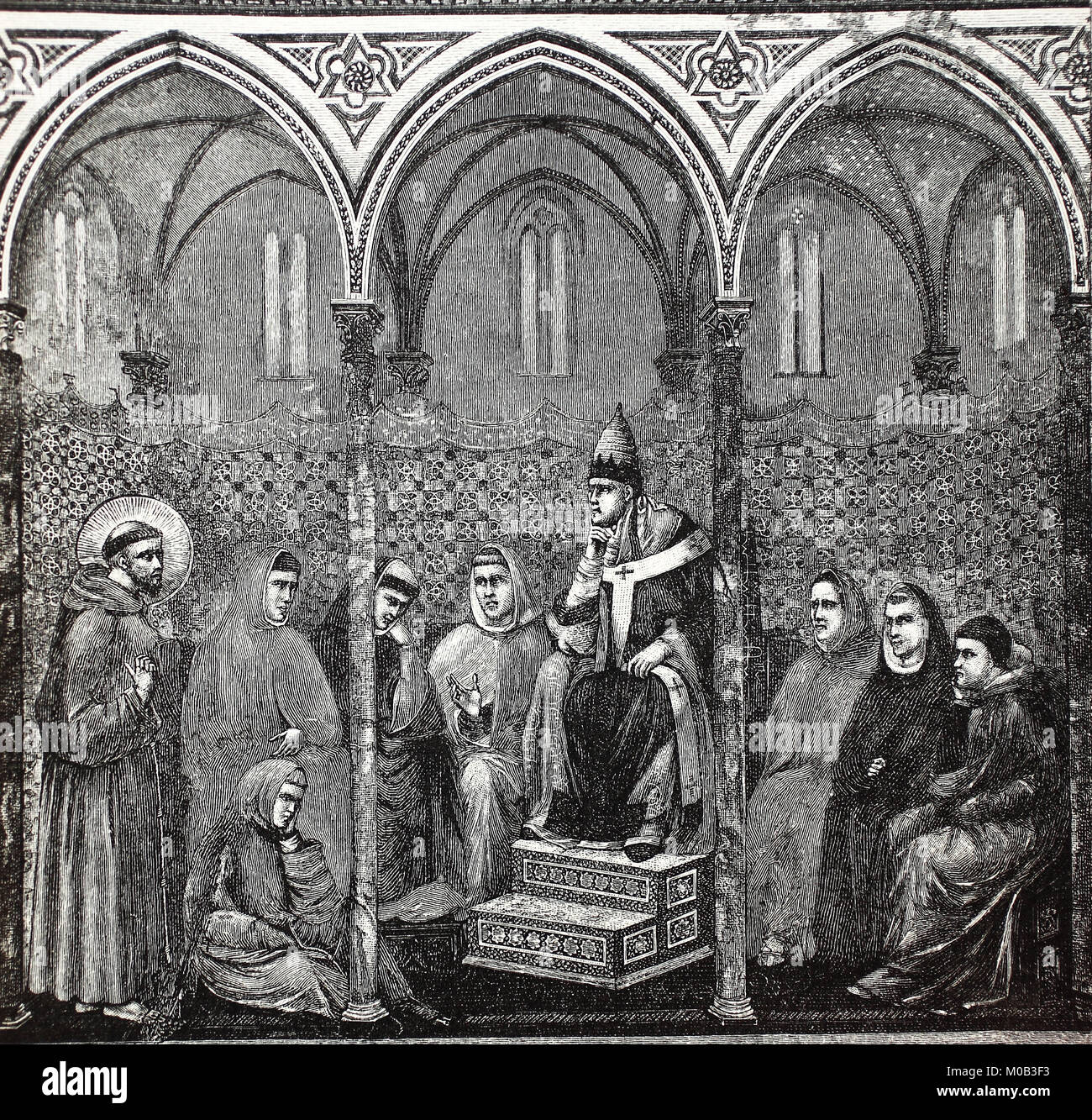 François d'assise prêche au pape Honorius III, fresque de Giotto dans l'église de Saint Francesco à Assise, Italie, amélioration numérique reproduction d'une estampe originale de 1880 Banque D'Images