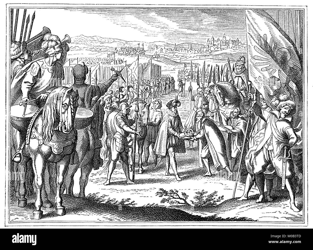 Transfert de la couronne de Hongrie à Matthias en 1608, 1557 - 1619, Matthia, était Saint Empereur Romain de 1612, roi de Hongrie et de Croatie à partir de 1608 et roi de Bohême à partir de 1611, l'amélioration numérique reproduction d'une estampe originale de 1880 Banque D'Images