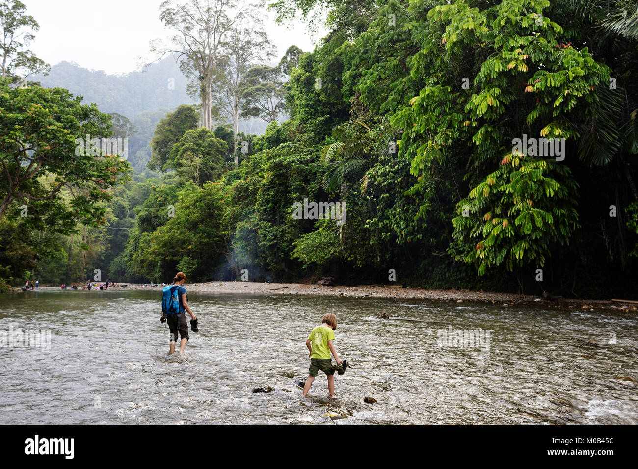 Mère et fils crossing river pieds nus dans le parc national de Gunung Leuser de Tangkahan, Sumatra, Indonésie Banque D'Images