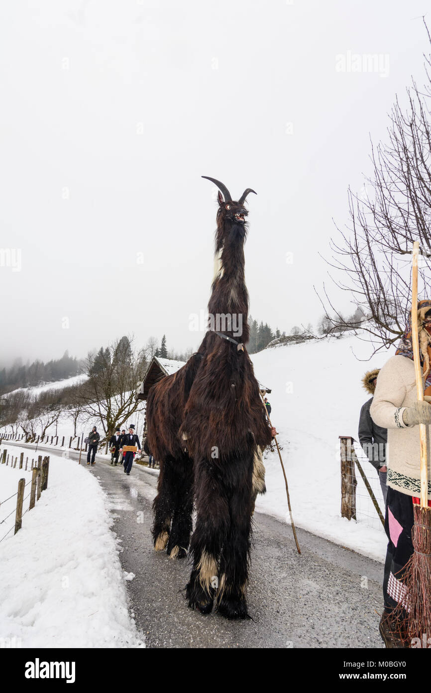 Bad Hofgastein : Perchtenlauf Perchten Percht (procession) : Habergeis masque mit Treiber (chèvre avec chauffeur), Pongau, Salzbourg, Autriche Banque D'Images