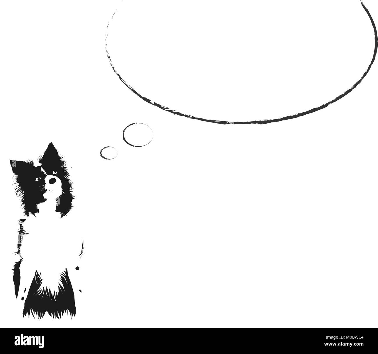 Illustré en noir et blanc Chien (Border Collie) assis avec de grandes bandes dessinées bulle vide au-dessus de la tête Illustration de Vecteur