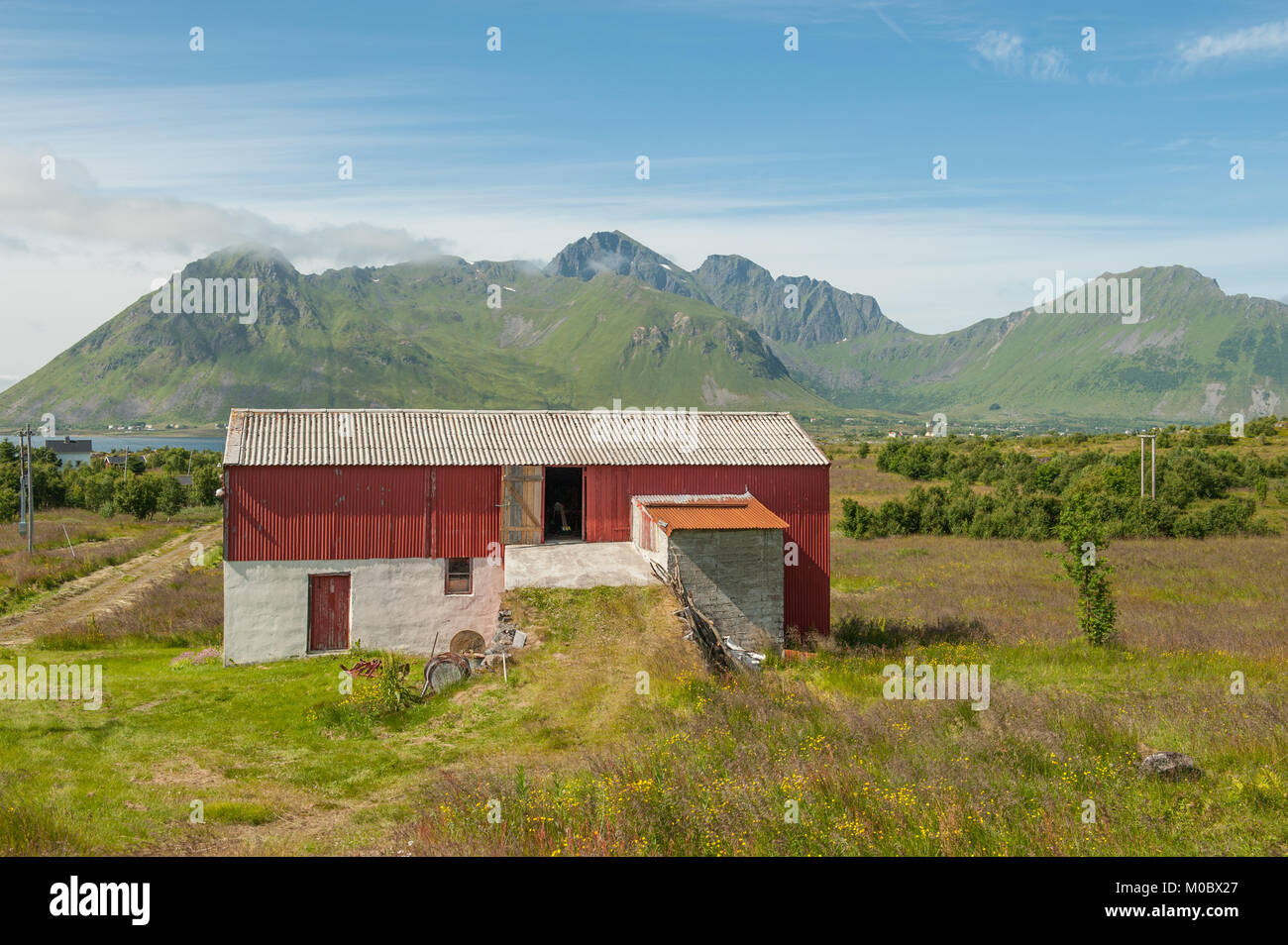 Grange traditionnelle dans la campagne de Lofoten, dans le nord de la Norvège Banque D'Images