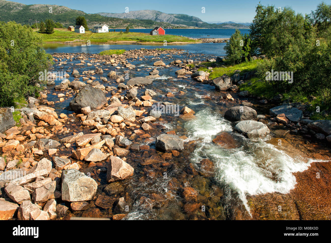 Creek qui s'écoule dans la mer à Lofoten, dans le nord de la Norvège en été. Banque D'Images