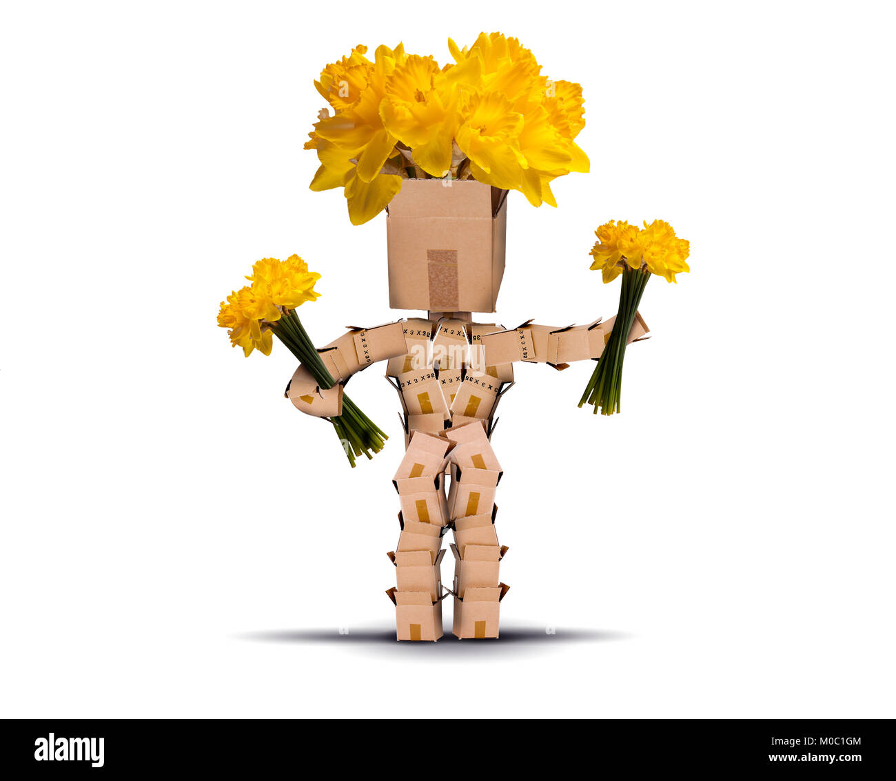 Caractère fort holding fleurs jaunes et a des jonquilles pour cheveux. Isolé sur un fond blanc. Livraison de fleurs ou de cadeau concept Banque D'Images