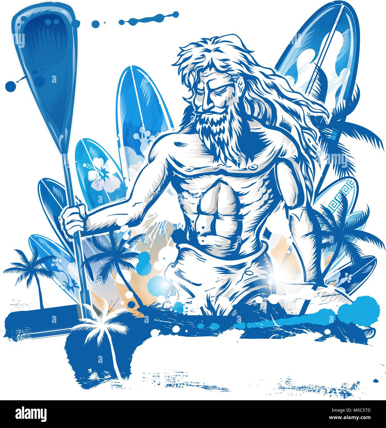 Poseidon flaque surfeur sur tirage main surfboard Illustration de Vecteur