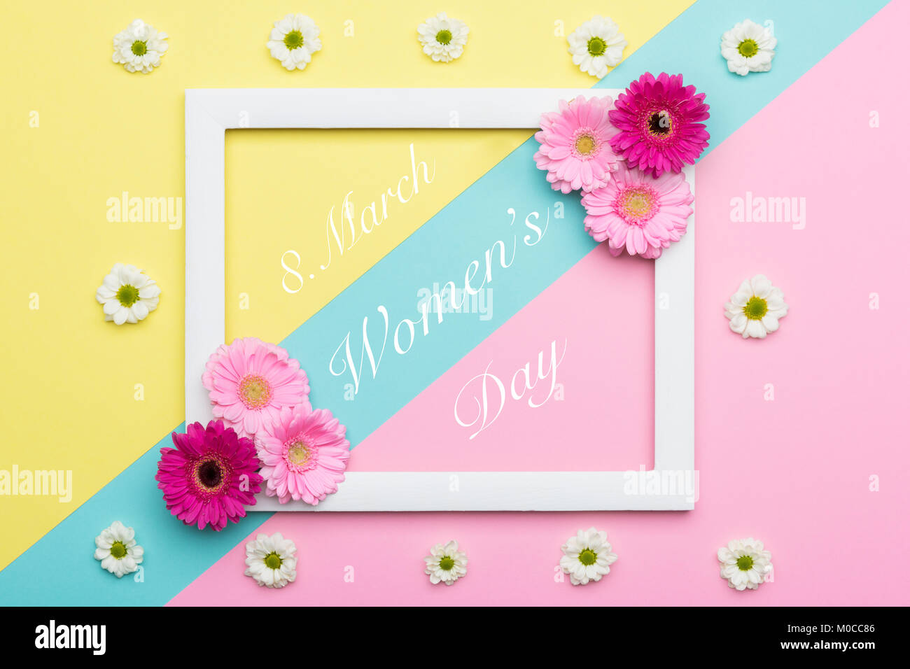 Bonne Journée de la femme bonbon Pastel Arrière-plan coloré. Femmes Floral 24 télévision fixer un minimum de motifs géométriques carte de vœux. Banque D'Images