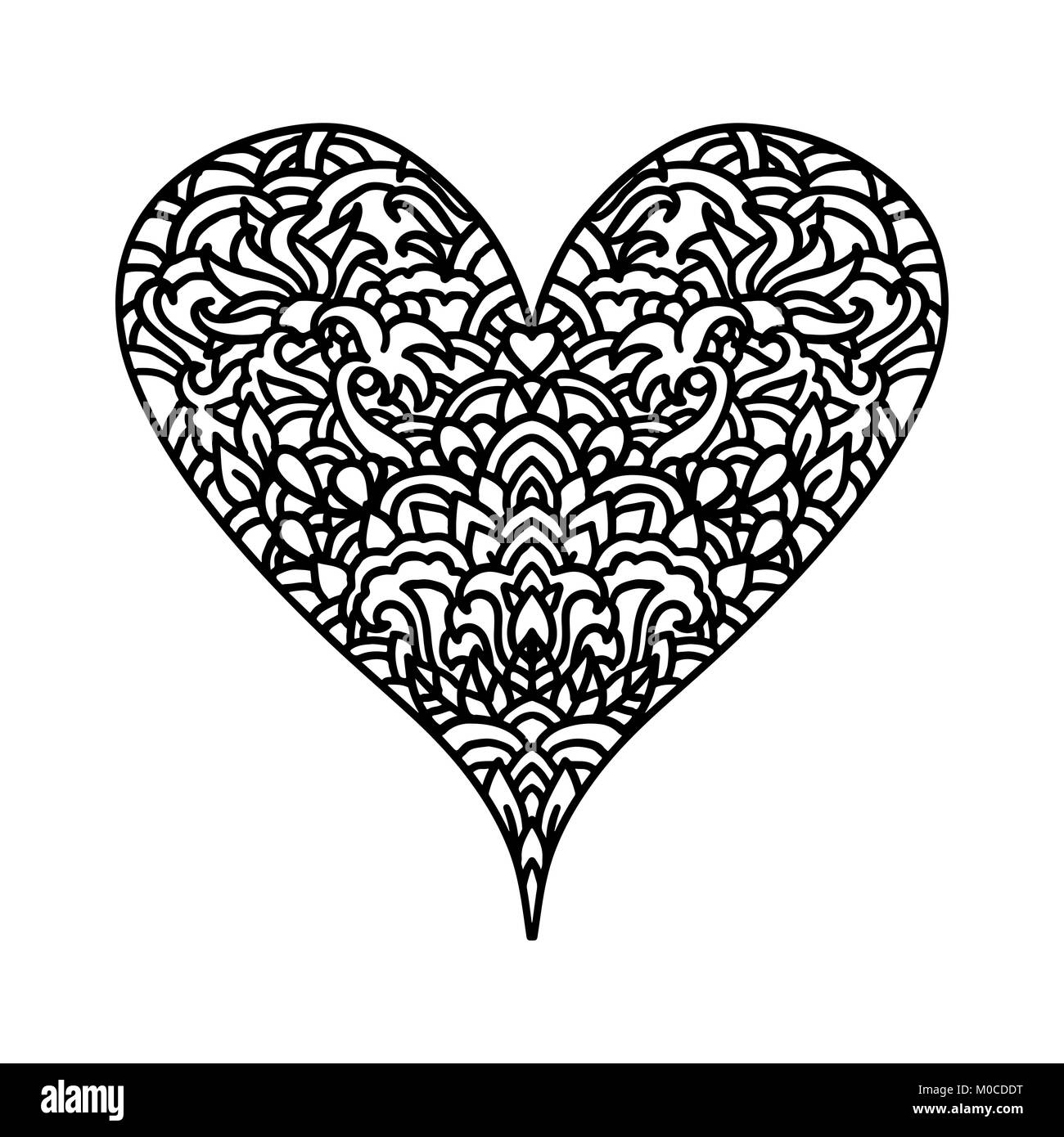 Handdrawn zentangle coeur. Design style Mandala de Saint-Jean La Saint-Valentin cartes. Modèle de livre de coloriage. Vector illustration doodle en noir et blanc. Illustration de Vecteur