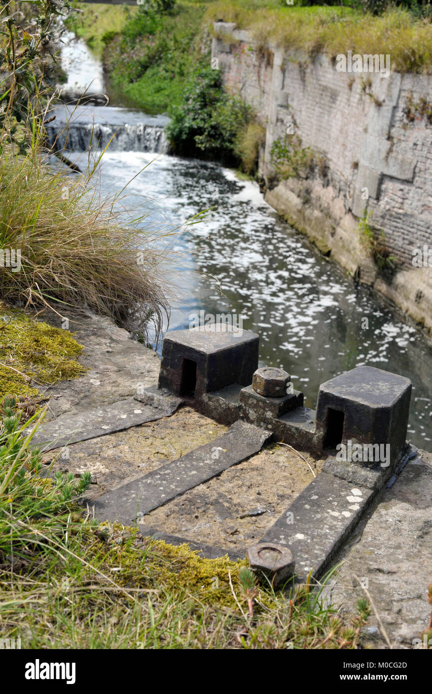 L'eau courante et envahis par les vestiges d'une porte d'écluse sur le Canal de navigation de Louth Louth ou créés à partir de la rivière Lud et qui s'est déroulé de l'Lincolnshi Banque D'Images