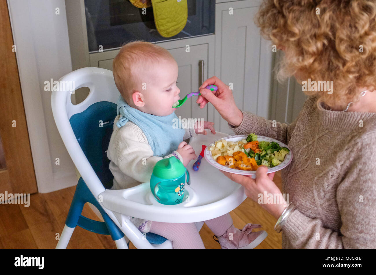 Jeune Bebe 1 Ans Fille Enfant De Manger Sain Pour Le Diner De Legumes Et Poisson Avec Elle Grandmotther Photo Stock Alamy