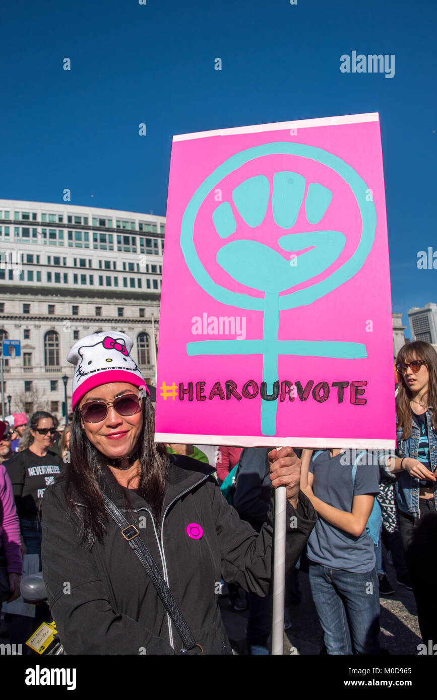 San Francisco, Californie, USA. Le 20 janvier, 2018. La Marche des femmes  2018 à San Francisco, organisé par la Marche des femmes Région de la baie.  Une couleur de WOMA est titulaire