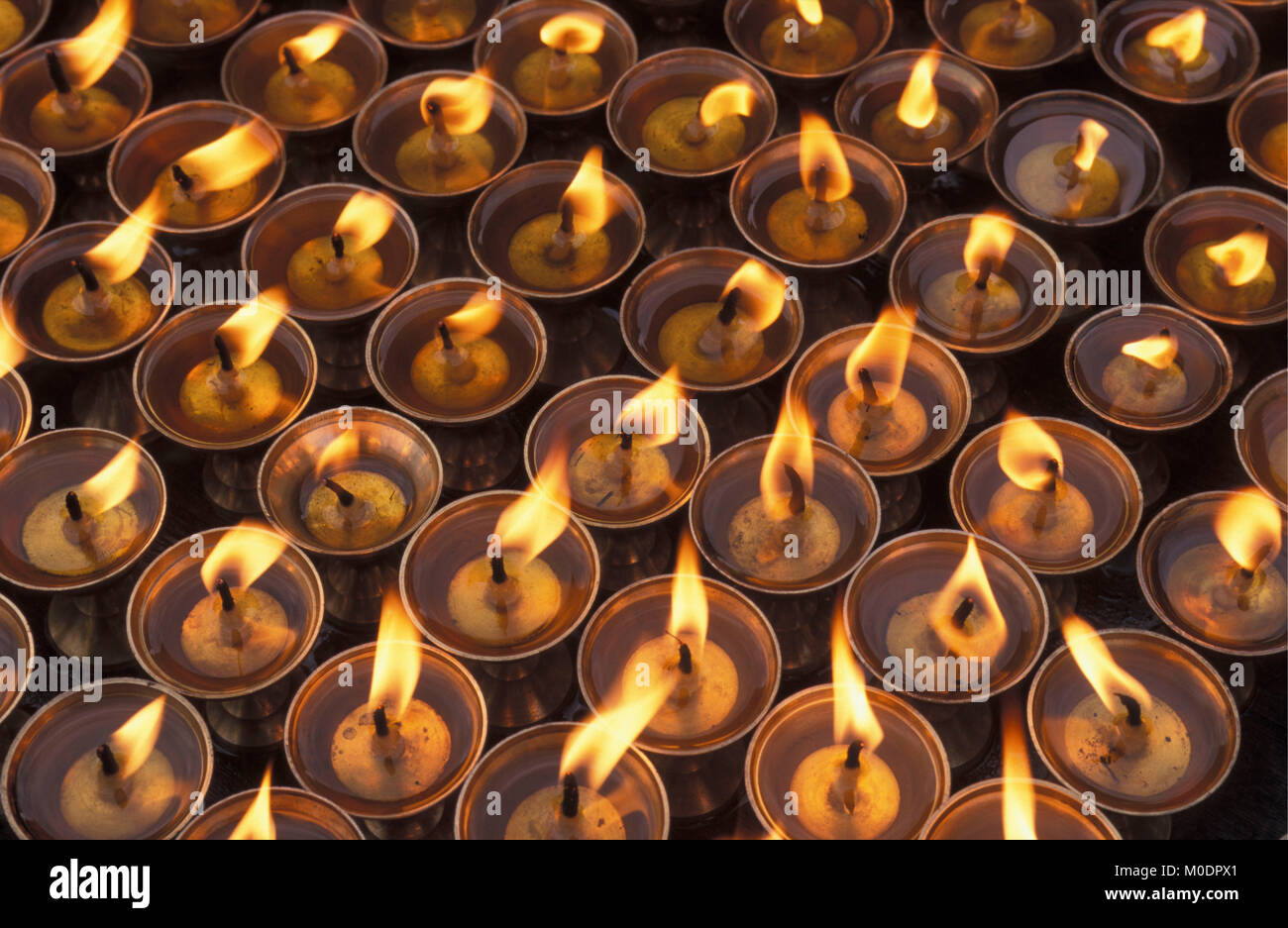 Népal, Katmandou. Bodnath Stupa, temple (bouddhisme). La nuit. Beurre ghee brûlant des lampes à huile. Banque D'Images